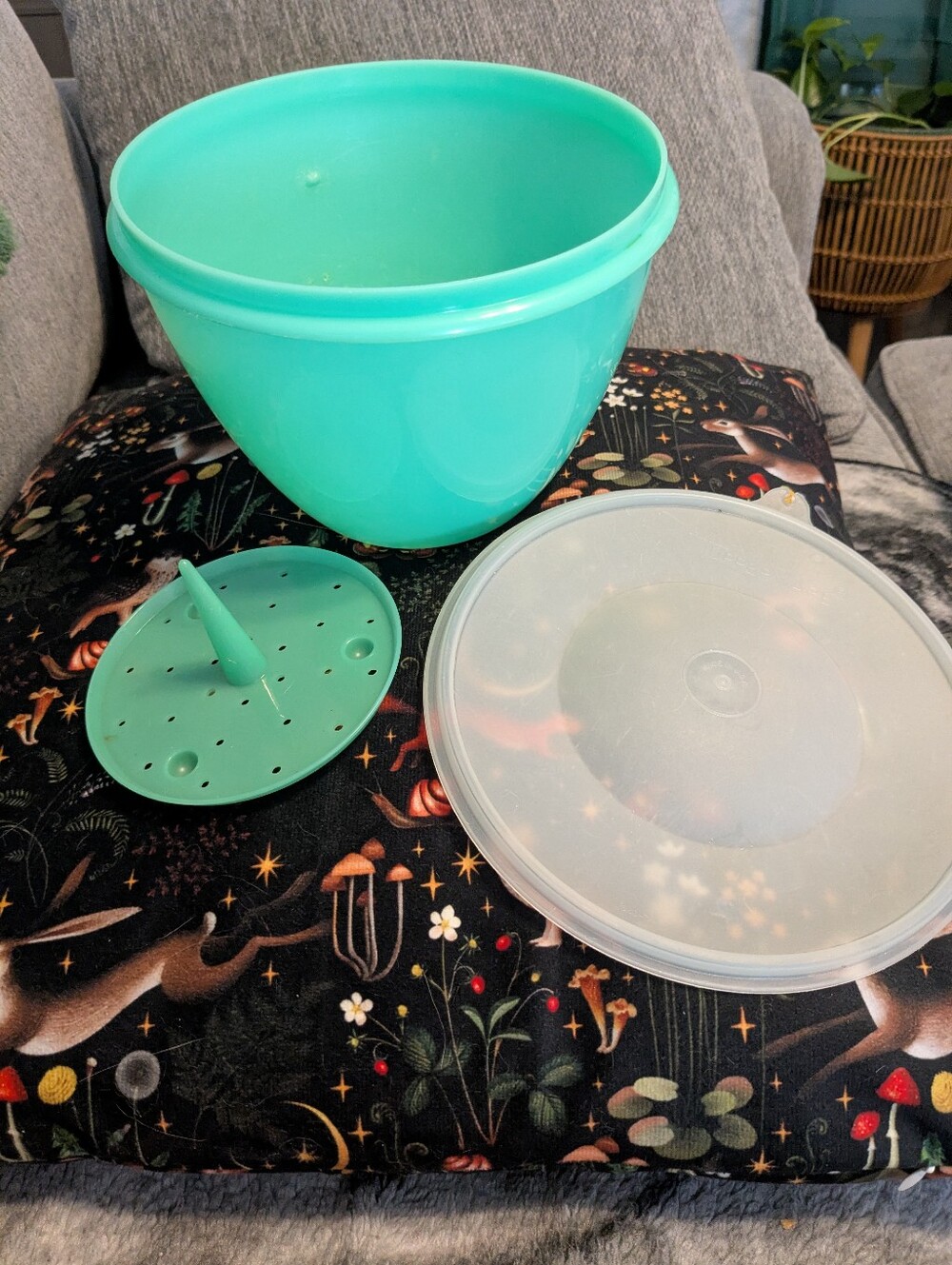 Tupperware Aqua Green Plastic Salad Spinner with Removable Strainer and Lid